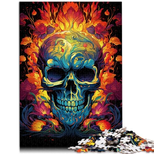 Puzzle, Bunter Psychedelischer Blumenschädel auf Flammen, 1000-teiliges Holzpuzzle mit passendem Poster und Wissensblatt, 1000 Teile (50 x 75 cm)