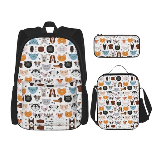 WURTON Rucksack mit Katzen- und Hundegesichtern, Bulldogge, Beagle, Labrador, 3-in-1, Büchertaschen-Set, Lunchbox, Federmäppchen, Reise-Laptop, Tagesrucksäcke