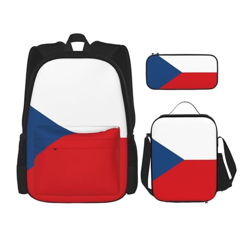 WURTON 3-in-1-Büchertaschen-Set mit Flagge der Tschechischen Republik, bedruckt, Lunchbox, Federmäppchen, Reise-Laptop-Tagesrucksäcke, Schwarz, Einheitsgröße, Schwarz, Einheitsgröße, Schwarz ,