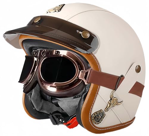 3/4 Vintage-Helm, Retro-Motorradhelm, Erwachsenenhelm, Halbhelm, ECE-Geprüfter Vintage-Helm Für Damen Und Herren, Mit Offener Schutzbrille, Moped-Helm H,M54-56CM