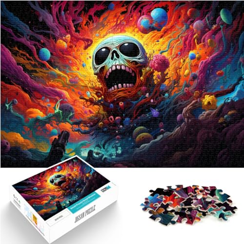 Puzzles Bunter Psychedelischer Totenkopf, 1000-teiliges Holzpuzzle für Erwachsene, lustige Aktivitäten zu Hause, Geburtstagsgeschenk, Reisegeschenke, 1000 Teile (50 x 75 cm)