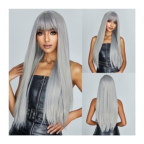 Perücken 65 cm/26 Zoll lange gerade synthetische Perücke mit Pony, gemischt graublond, Cosplay-Lolita-Perücke for Frauen, Party, Hochtemperatur-Faserhaar Damenperücke (Color : Wig-WL1085-7)