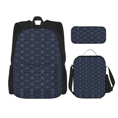 WURTON Gepunktete Linien, geometrische Formen auf blauem Hintergrund, trendiger Rucksack, Tasche, Lunchbox und Federmäppchen, 3-in-1, verstellbares Rucksack-Set, Schwarz, Einheitsgröße, Schwarz ,