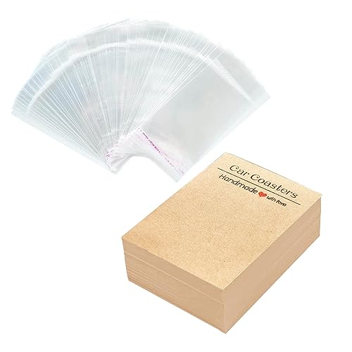 Psdndeww 100 Stück Blanko-Untersetzer, Display-Karten mit selbstklebenden Beuteln, Sublimationsverpackung, Untersetzer, Displaykarten, Verpackungskarten, selbstklebende Beutel für den Verkauf von