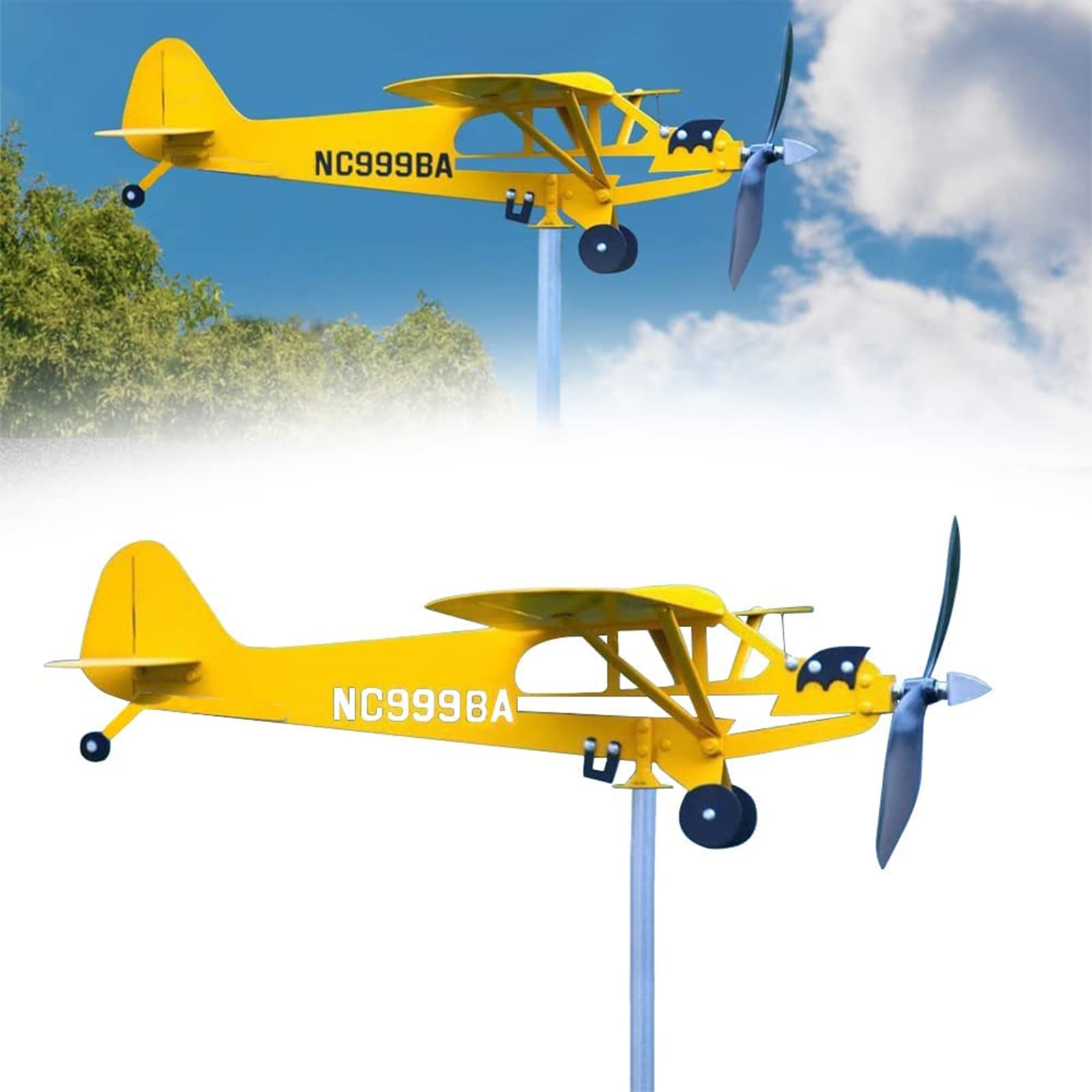 Piper J3 Cub Flugzeug-Wetterfahne, Metall Wetterfahne Dekoration, Garten Wetterfahnen, Draussen Windfahne Dekoration, Luftfahrt Dekoration, Geschenke für Flugliebhaber,Gelb,32 * 30cm