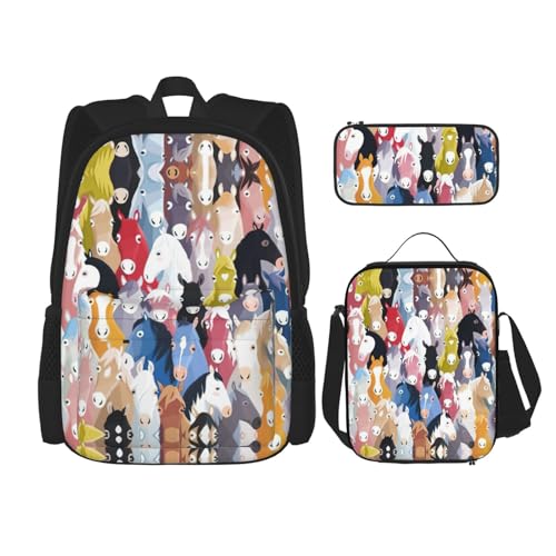 WURTON Bunte Cartoon-Pferde-Druck-Schulter-Rucksack, 3-in-1-Büchertaschen-Set, Lunchbox, Federmäppchen, Reise-Laptop-Tagesrucksäcke, Schwarz, Einheitsgröße