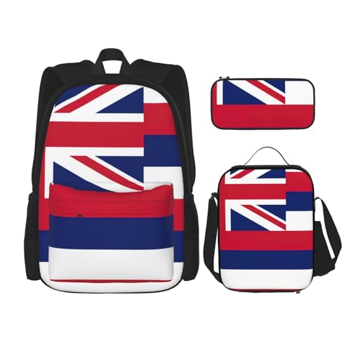 WURTON Trendige Rucksacktaschen mit Hawaii-Flagge, Lunchbox und Federmäppchen, 3-in-1, verstellbares Rucksack-Set