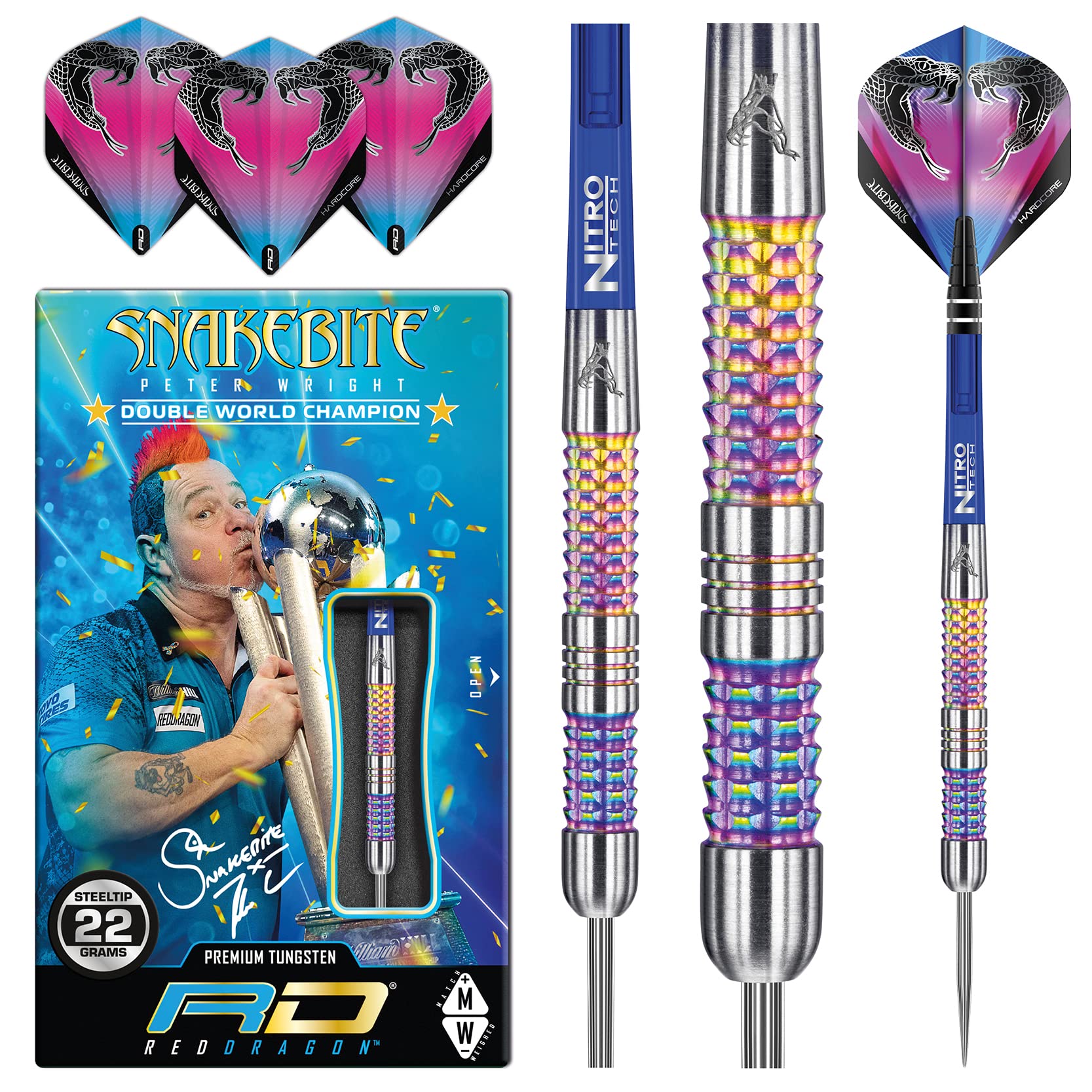 RED DRAGON Peter Wright Snakebite Rainbow Mamba 22g Tungsten Darts mit Flights und Schäfte