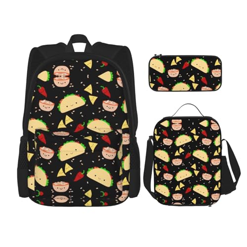 WURTON Tuesday Party Print Verstellbare Schultergurte Rucksack Set Mittagessen Tasche Federmäppchen Kombination Taschen Set