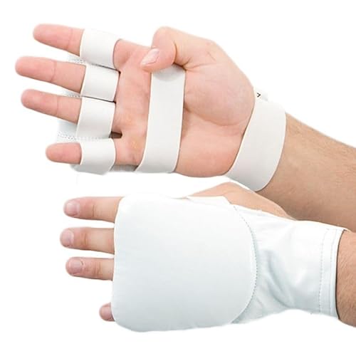 TEKKA BUDO Karate Faustschützer flach - Hand Mitt Echtleder - Weiß Gr. S - Fingerschlaufen mit Elastikband - Jujutsu, WingTsun Handschutz