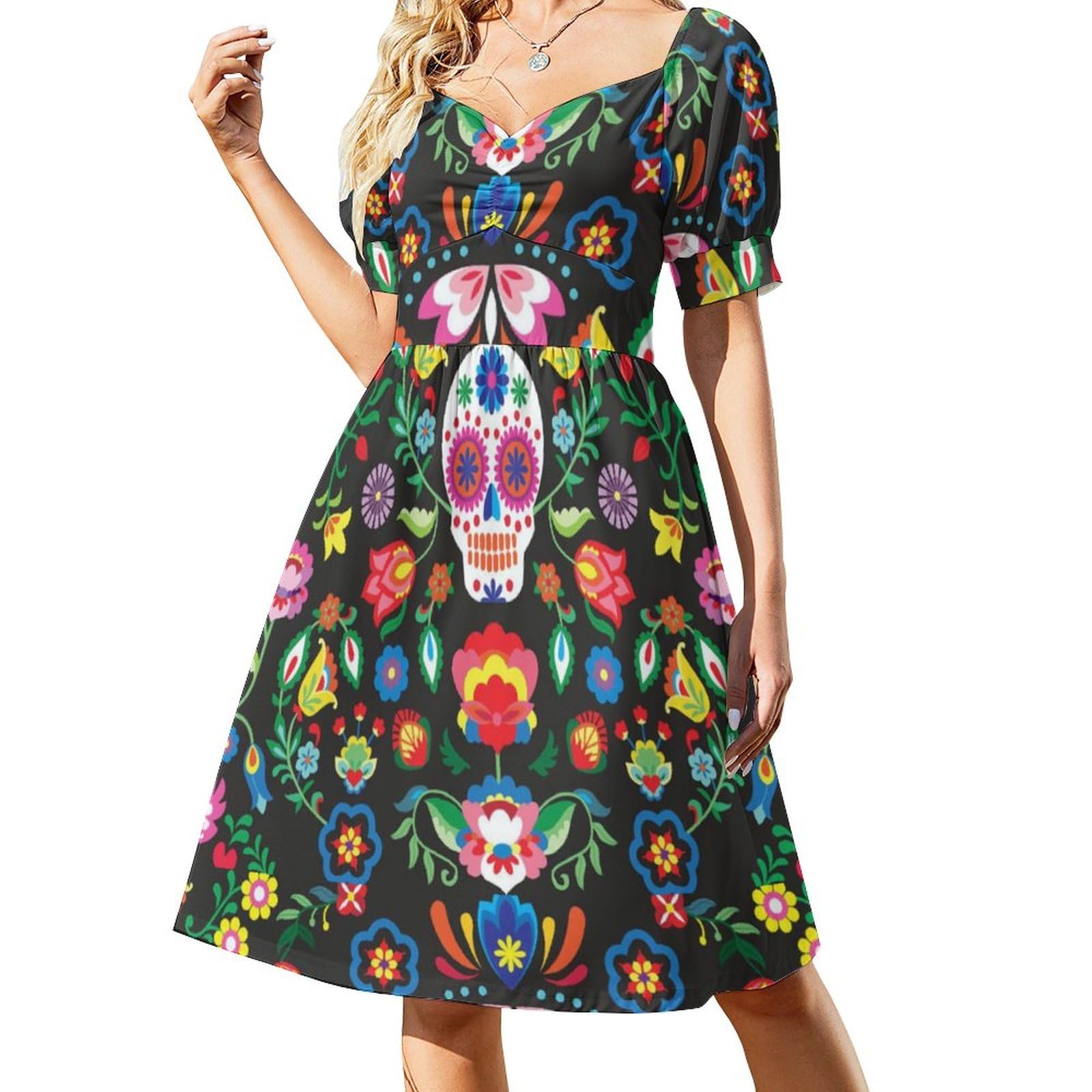 HABXNJF Damenkleid mit V-Ausschnitt und Puffärmeln, mexikanisches Totenkopf-Kleid, Damenkleider, Mexikanische Sugar Skulls, XXXXXXL