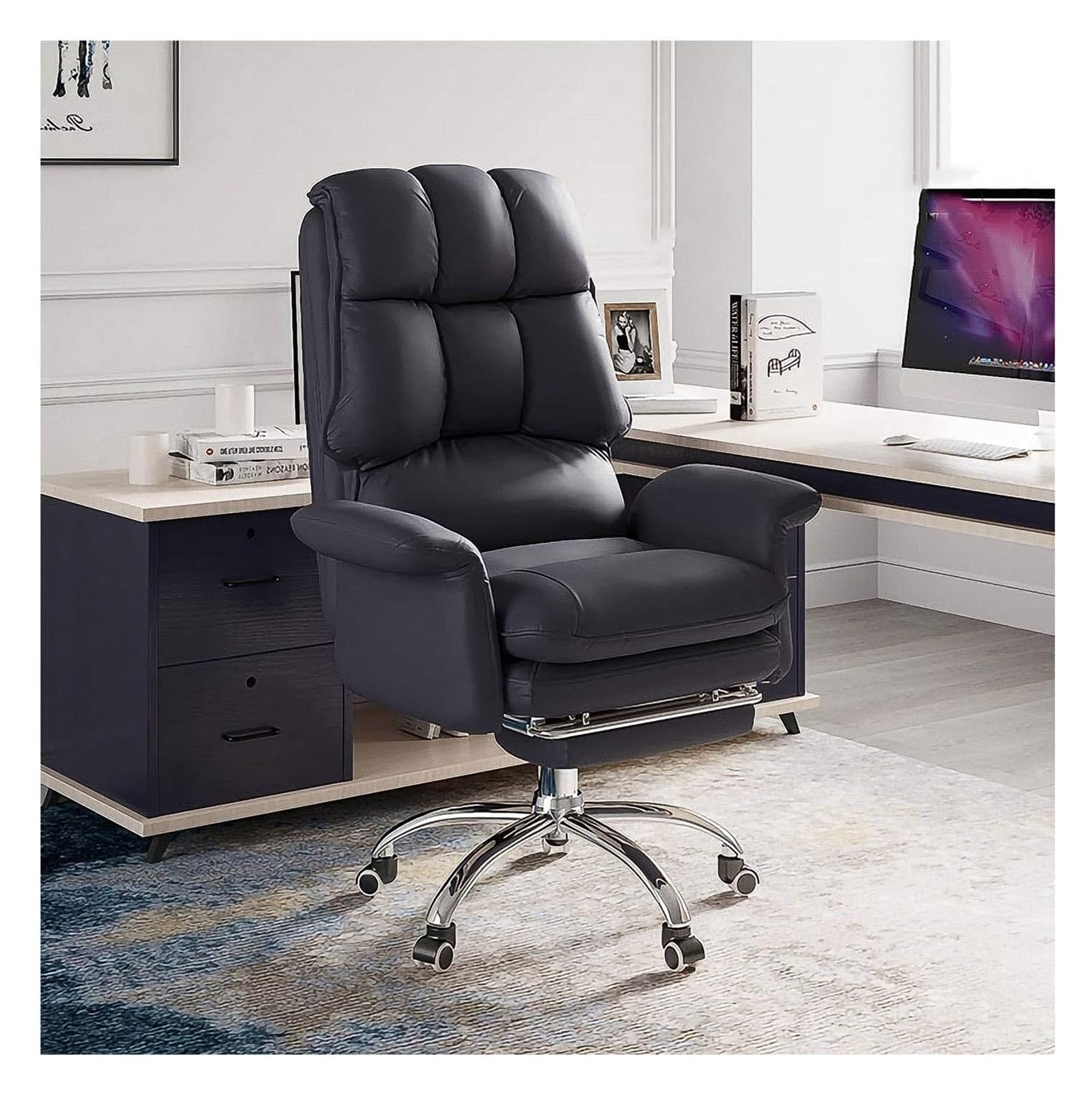 BFVAKBKYT Home Office Ergonomischer Schreibtischstuhl, Executive Commercial Drehstuhl, Verstellbarer Bürostuhl mit hoher Rückenlehne, moderner Drehstuhl aus Pu-Leder mit Fußstütze(Black)