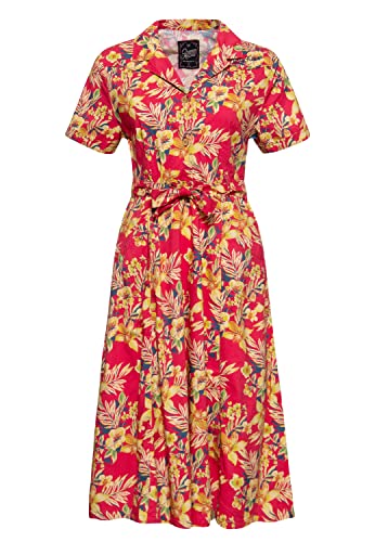 Queen Kerosin Damen Blusen Swing Kleid | Swing Dress | Zirrknöpfe | Hawaii | Tropischer All-Over-Print | Hibiskus | Sommer | Party | 50S | Vintage Hawaii Red