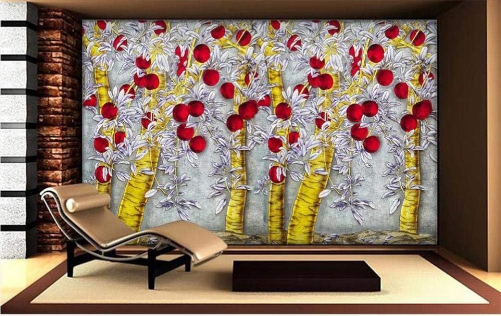 Goldene Bäume Rote Äpfel 3D Tapete Poster Restaurant Schlafzimmer Wohnzimmer Sofa TV Dekorative Wand-200cm×140cm