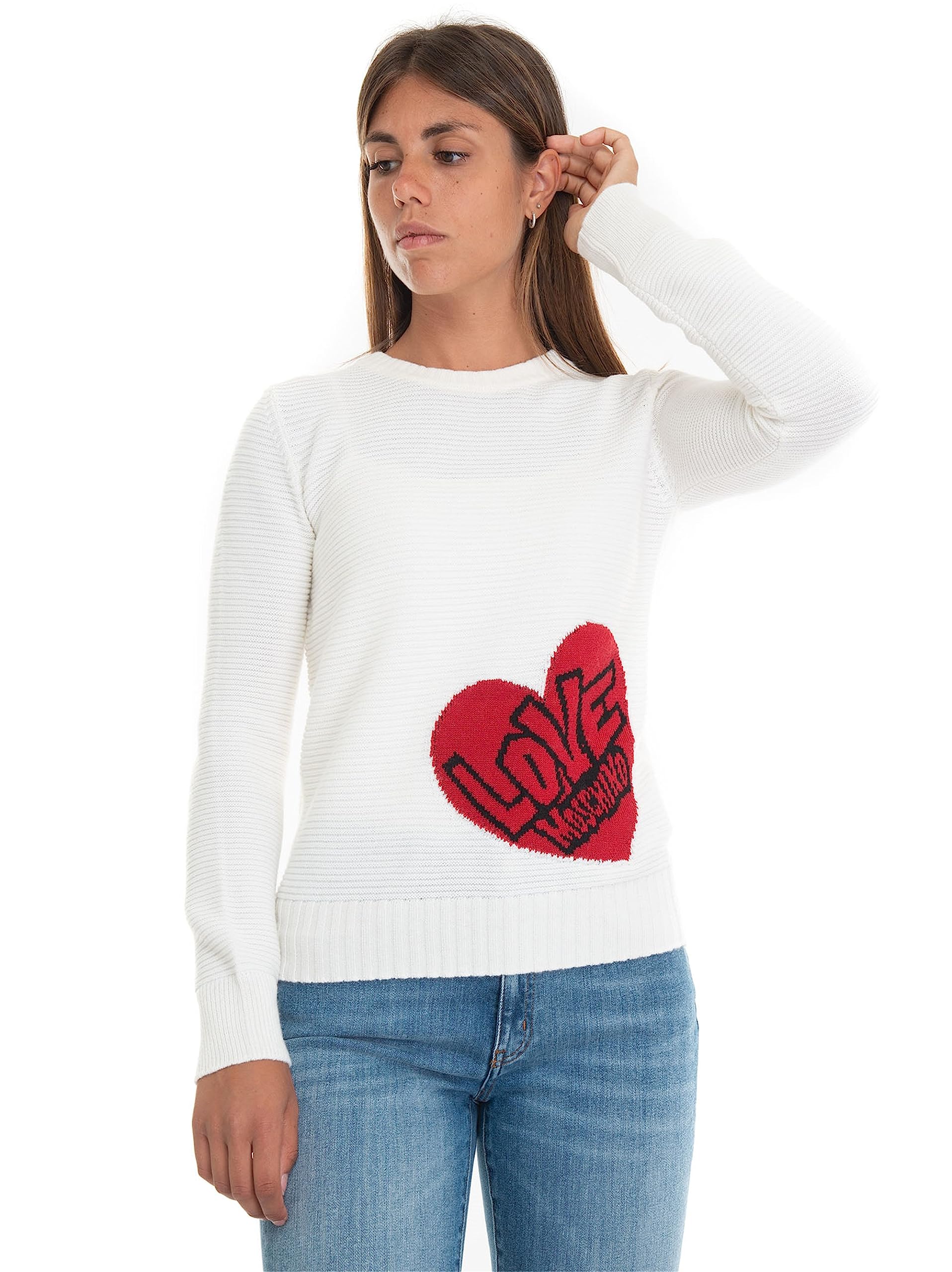 Love Moschino Damen Slim Fit Long-sleeved With Red Heart Jacquard Intarsia On The Front. pullover, Weiß, 38 EU