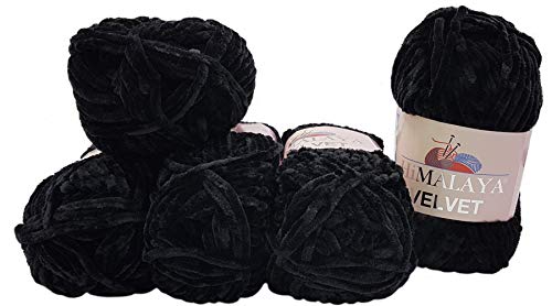 5 x 100 Gramm Himalaya Velvet Micro-Polyester Strickwolle, Babywolle samtig 500 Gramm Wolle (schwarz 90011)