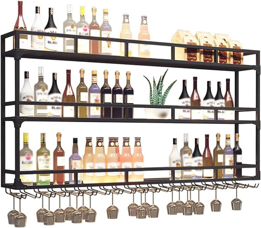 BFVAKBKYT Hängende industrielle runde Weinregale, 3-stufiges, an der Wand montiertes Weinregal mit LED-Leuchten, multifunktionales Lagerregal for das Wohnen in Restaurants und Bars(Gold,120x25x90cm)