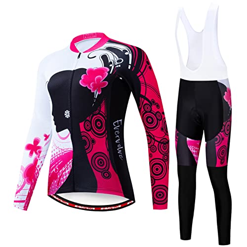 Radtrikot Damen Langarm|Fahrradbekleidung Frauen|Radsportanzug Set,MTB Fahrradtrikot Cycling Oberteil und Radhose mit 19D Gel Sitzpolster,Bike Bekleidung Rennrad Atmungsaktiv Schnell Trocknen(5,L)