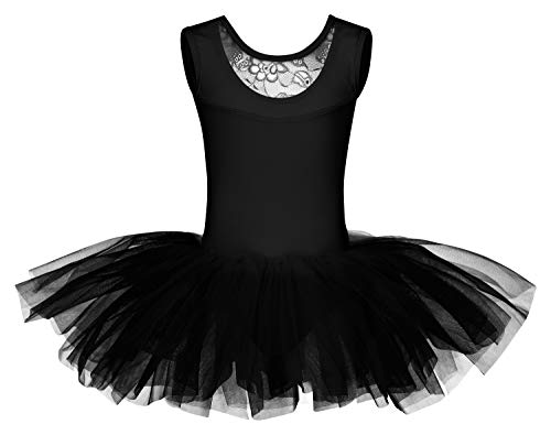 tanzmuster Kinder Ballett Tutu Lottie aus weicher Baumwolle mit Breiten Trägern und Spitzeneinsatz vorn in schwarz, Größe:104/110