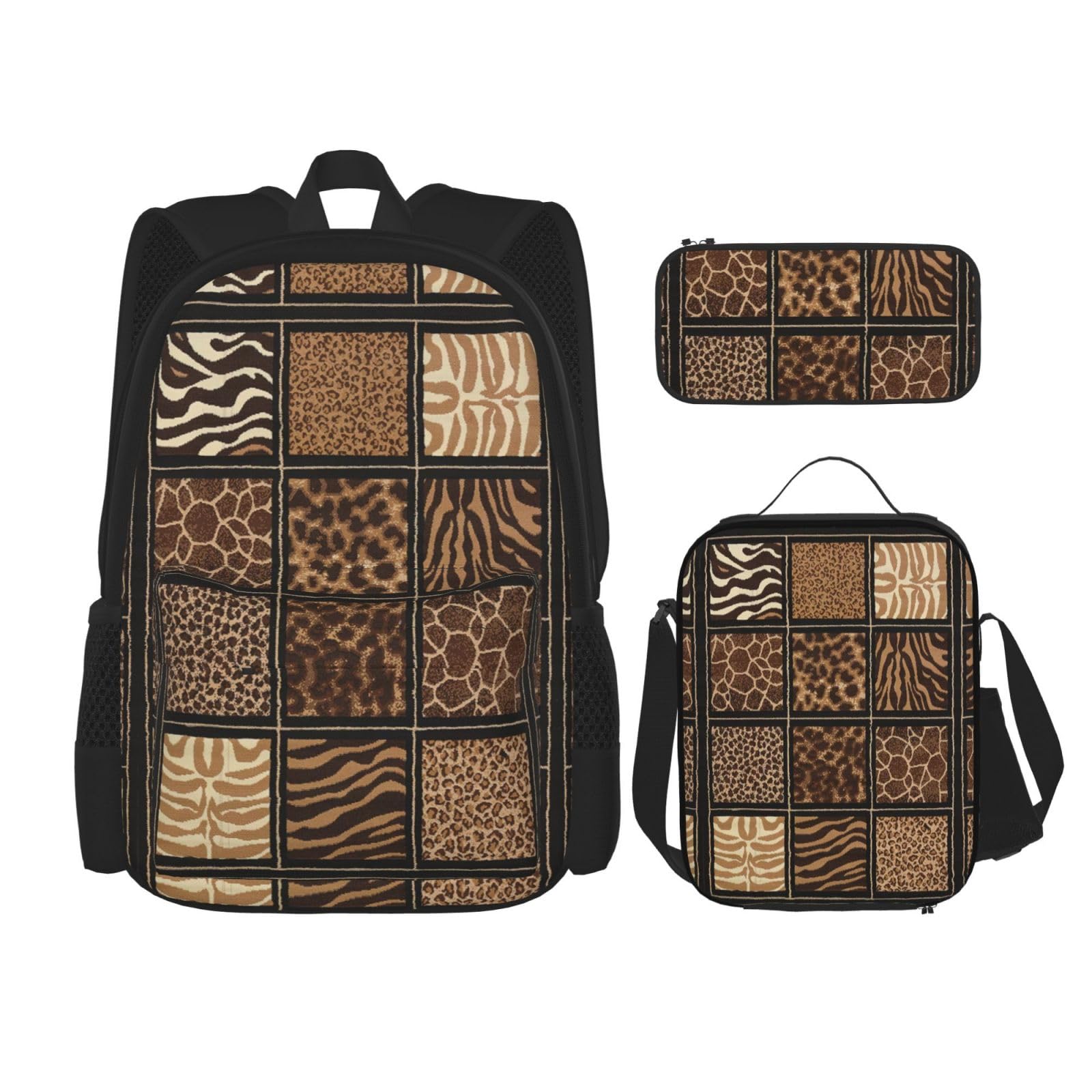 WURTON Wild Zoo Print Lunchbox Federmäppchen Rucksack Set 3 Stück Verstellbare Träger Langlebig Leicht, Schwarz, One Size