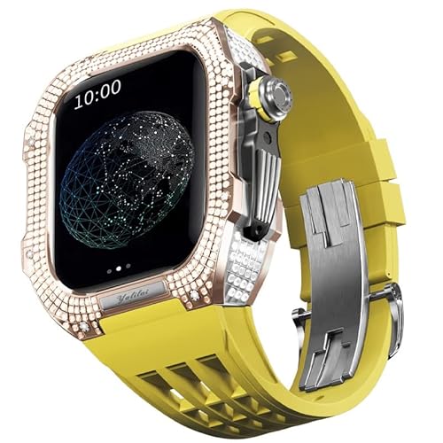 KANUZ Uhren-Modifikationsset, Luxus-Uhrenarmband-Set für Apple Watch 8 Ultra, 45 mm, luxuriöses Viton-Armband, Titangehäuse für iWatch 7, 8, 45 mm, Upgrade-Modifikation (Farbe: Gelb 4, Größe: 45 mm)