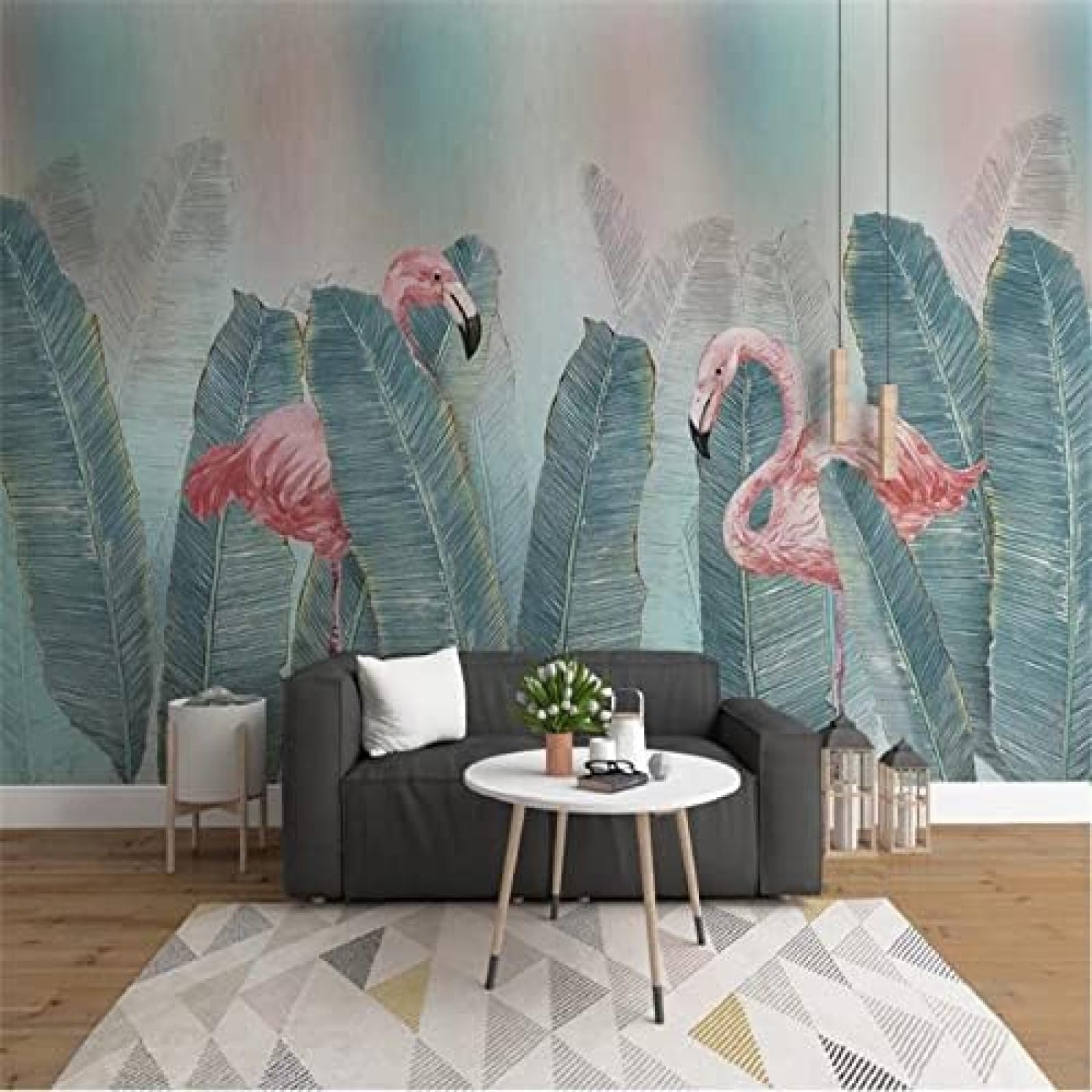 XLMING Einfaches Frisches Grünes Blatt Aquarell Stil Flamingo 3D Tapete Wohnzimmer Sofa Schlafzimmer Esszimmer Home Dekoration Wand-250cm×170cm