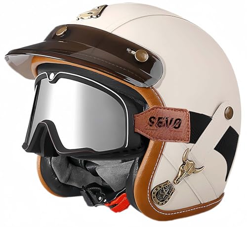 3/4 Vintage Helm Retro Motorradhelm Erwachsene Halbhelm ECE Approved Vintage Für Männer Und Frauen Mit Schutzbrille Offenes Gesicht Mopedhelm A,XL61-62CM