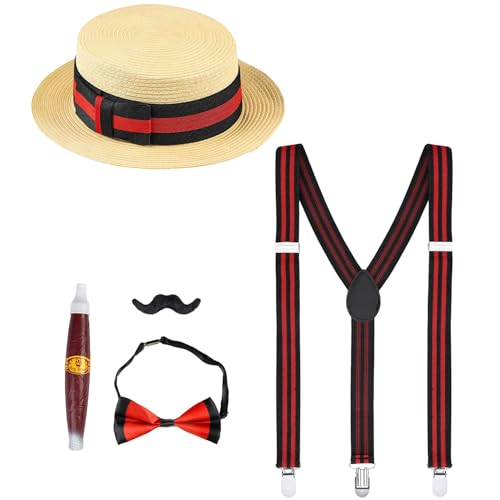 "THE ROARING 20s FASHION" (boater hat, braces, bow tie, moustache, cigar) -