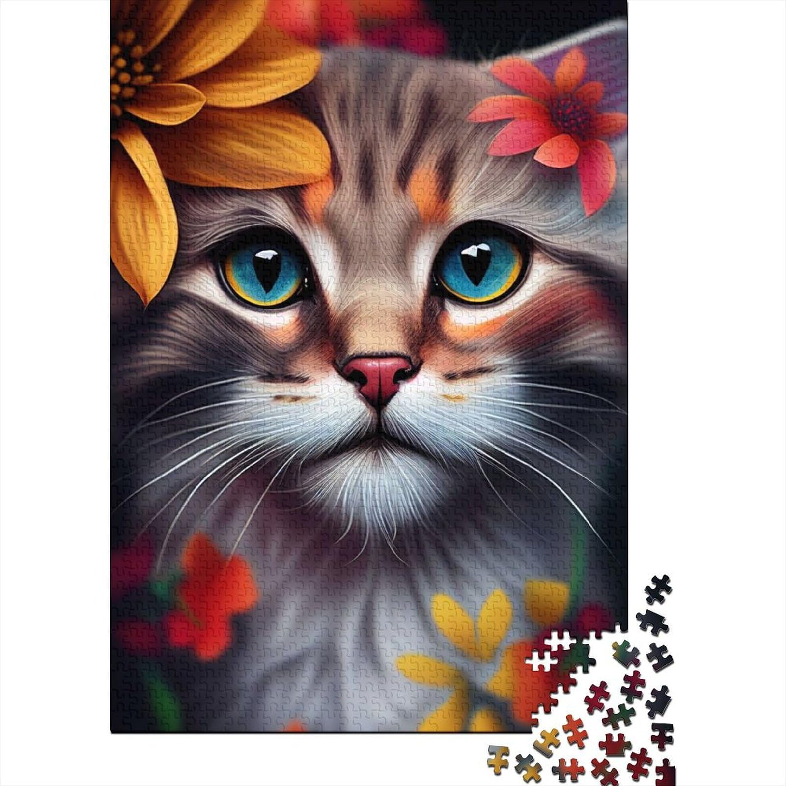 Niedliches Katzengesicht-Blumen-Holzpuzzle für Erwachsene und Jugendliche von schwierigen, anspruchsvollen Puzzles, 1000 Teile, pädagogisches Stressabbau-Spielzeugpuzzle, 29,53 x 19,69 Zoll