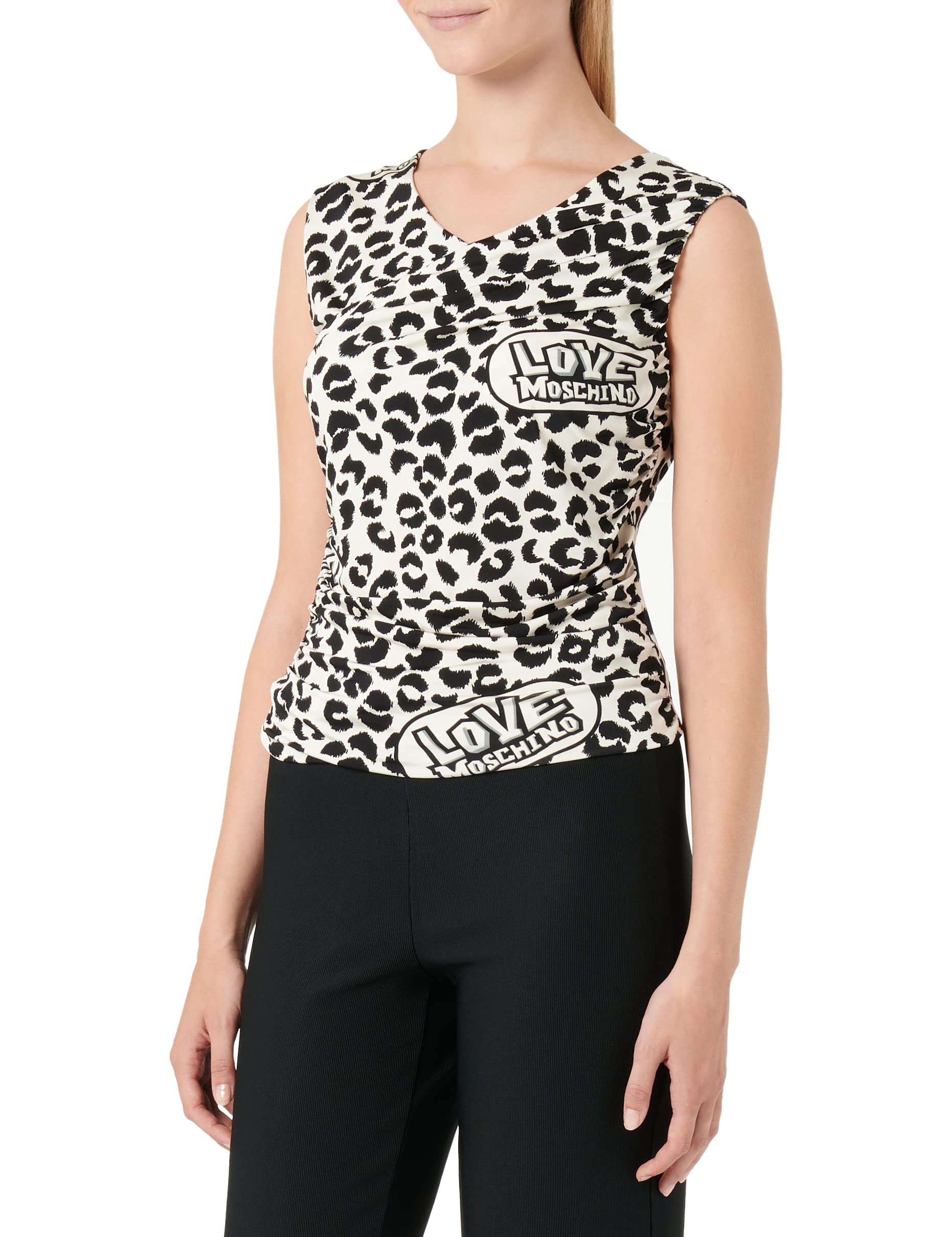 Love Moschino Damen Sleeveless Draped Top Animalier Printed T Shirt, Beige Black, 44 EU