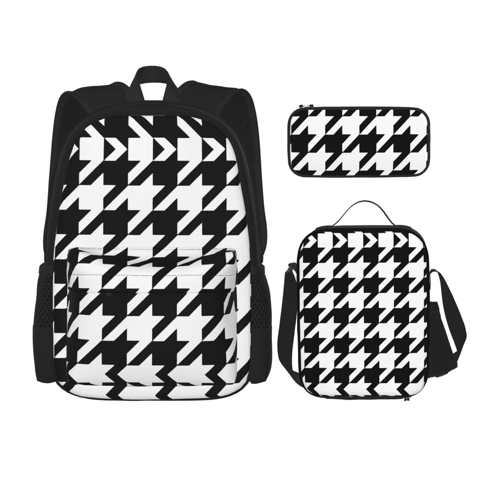 WURTON 3-in-1 Büchertaschen-Set, verstellbarer Schulterrucksack, Lunch-Tasche, Federmäppchen, Tasche, Hahnentrittmuster, Schwarz, Schwarz, Einheitsgröße