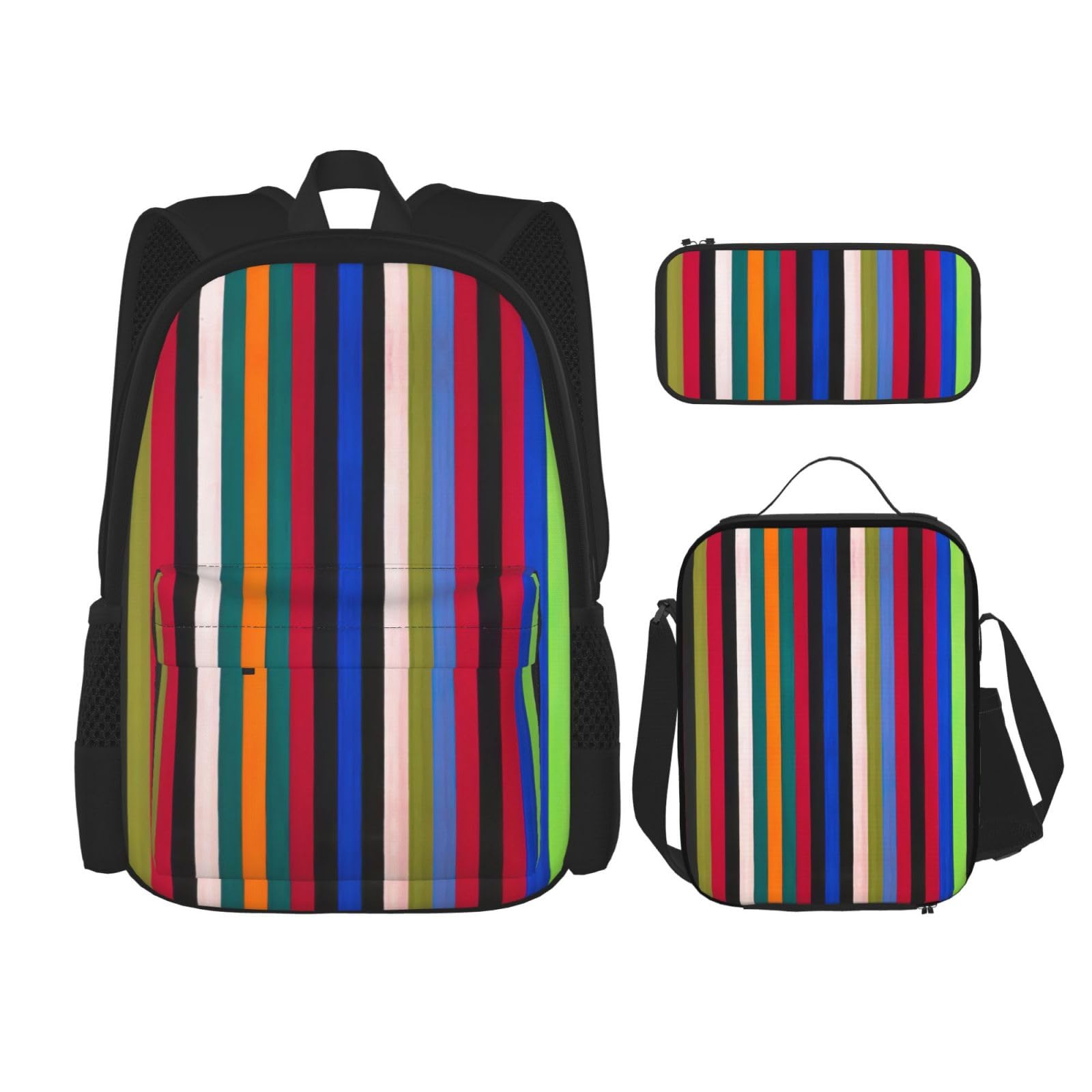 WURTON Farbige Streifen, vertikaler Druck, verstellbare Schultergurte, Rucksack-Set, Lunchtasche, Federmäppchen, Kombinationstaschen-Set