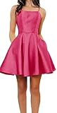 Spaghetti-Träger Homecoming Kleider Kurz Satin Rückenfrei Prom Formale Abend Party Kleid mit Taschen, hot pink, 32