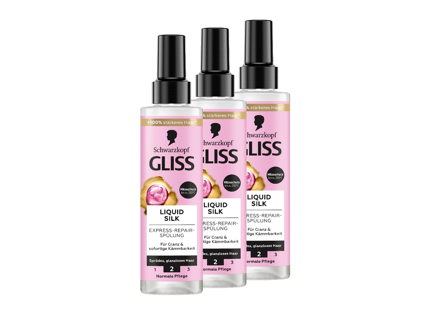 Gliss Express-Repair-Spülung Liquid Silk (3x 200 ml), Haarspülung für außergewöhnlich weiches Haar, Pflegespülung mit Hitzeschutz bis zu 230 °C