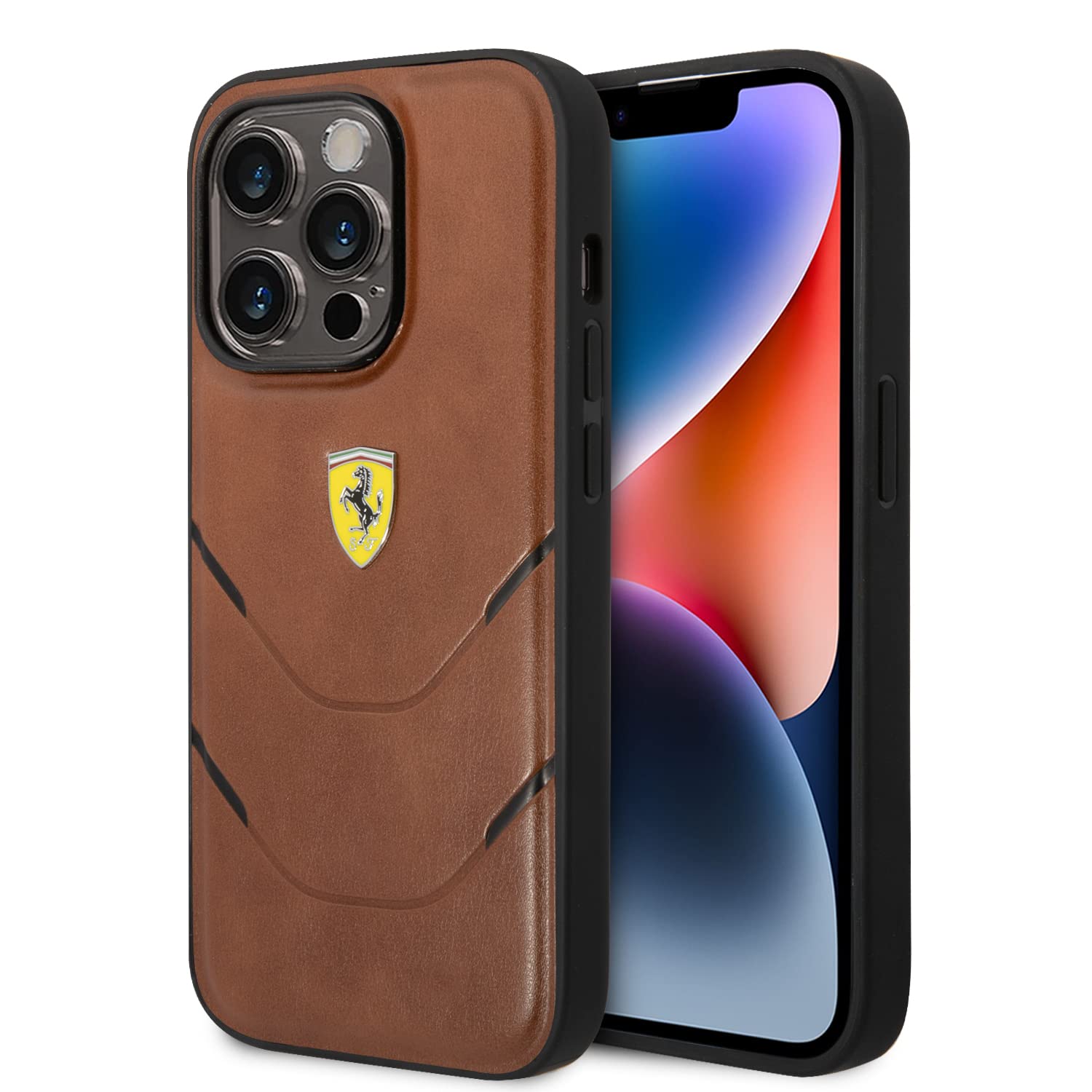 CG MOBILE Ferrari Handyhülle für iPhone 14 Pro in Camel PU Leder mit Kontrastlinien, glatt, langlebig und kratzfest, mit einfachem Schnappverschluss, Stoßdämpfung und Signatur-Logo, FEHCP14LPBAC