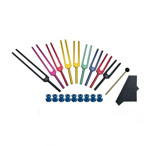 Knadgbft Stimmgabel-Set aus Aluminiumlegierung, bunt, für Therapie, Klangtherapie, mit Aluminiumgehäuse, blauer Basis, 9-teilig