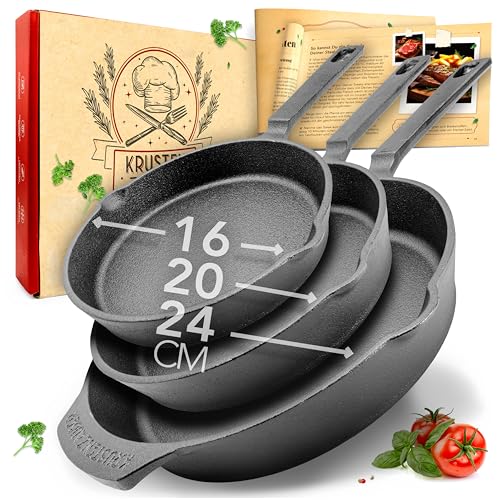 KRUSTENZAUBER 16+20+24cm Gusseisenpfannen Induktion - Voreingebrannte Gusseisen Pfannen - Ideale Grillpfanne Induktion, Eisenpfanne, Cast Iron Pan, Bratpfanne, Gusseiserne Pfanne Skillet Gusspfanne