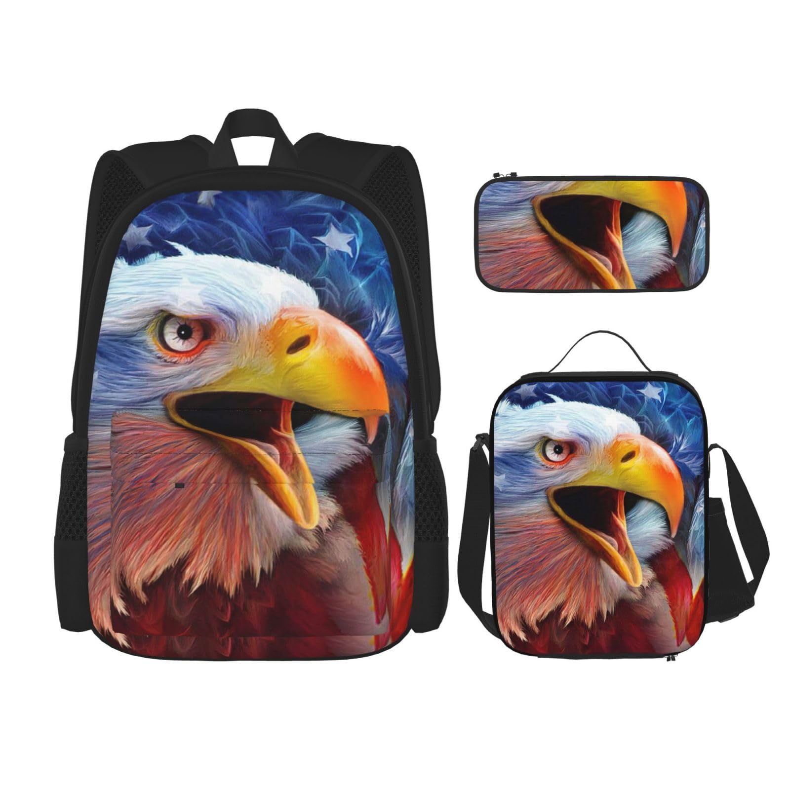 DENMER Mehrzweck-Schultasche mit passendem Federmäppchen und Lunchtasche - Ihre stilvolle All-in-One-Lösung, American Eagle, Einheitsgröße