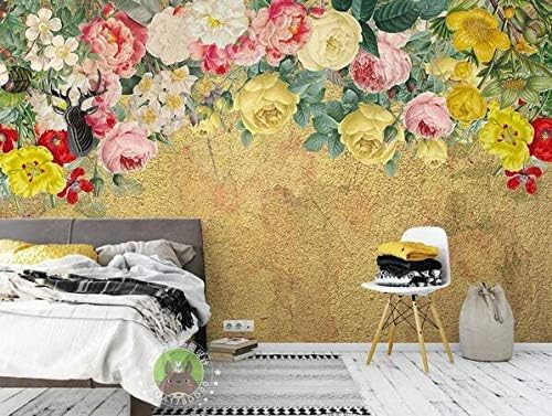 XLMING Gold Handgemalte Vintage-Rosen 3D Tapeten Home Esszimmer Sofa Schlafzimmer Wohnzimmer TV Hintergrund-400cm×280cm