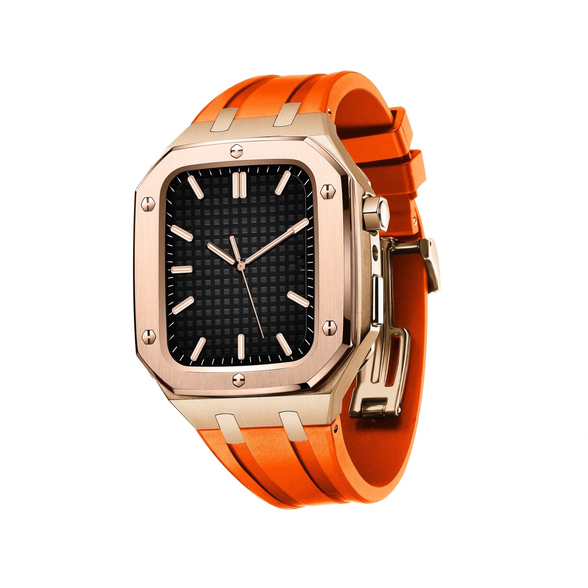 KANUZ Edelstahlgehäuse mit Uhrenarmband, kompatibel mit Apple Watch-Armbändern 44/45 mm, robustes Armband mit Metallschutzhülle für iWatch Serie 7/6/5/4/SE für Herren (Farbe: Roséorange, Größe: