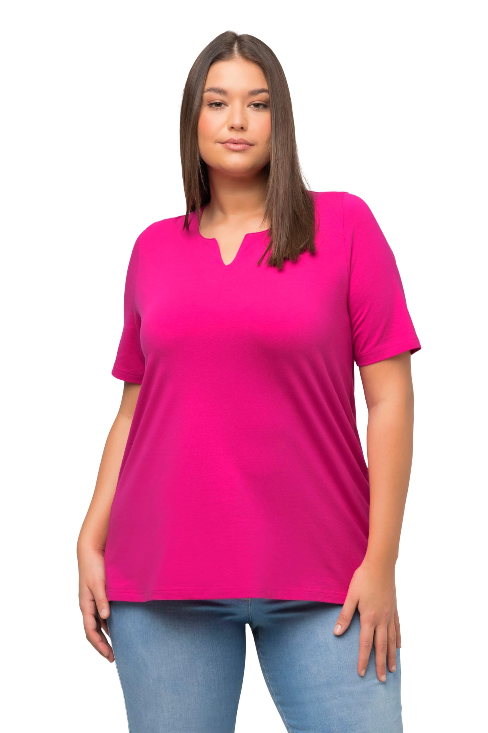 Ulla Popken Damen große Größen Übergrößen Plus Size T-Shirt, A-Linie, Tunika-Ausschnitt, Halbarm Fuchsia pink 50+ 807259815-50+