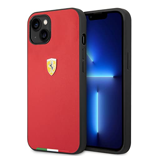 Ferrari Handyhülle für iPhone 14 in Rot mit italienischer Flagge Linie, PU Leder Schutzhülle & Durable Case mit Easy Snap-On, Stoßdämpfung & Signature Logo