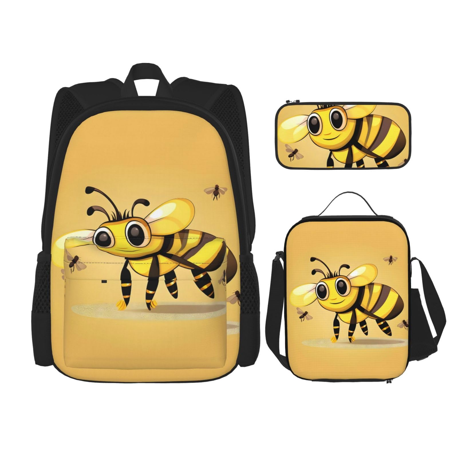 YQxwJL 3-in-1-Rucksack-Büchertaschen-Set, grüner Alien-Druck, lässiger Reiserucksack, mit Federmäppchen, Lunchtasche, Niedliche Cartoon-Biene, Einheitsgröße