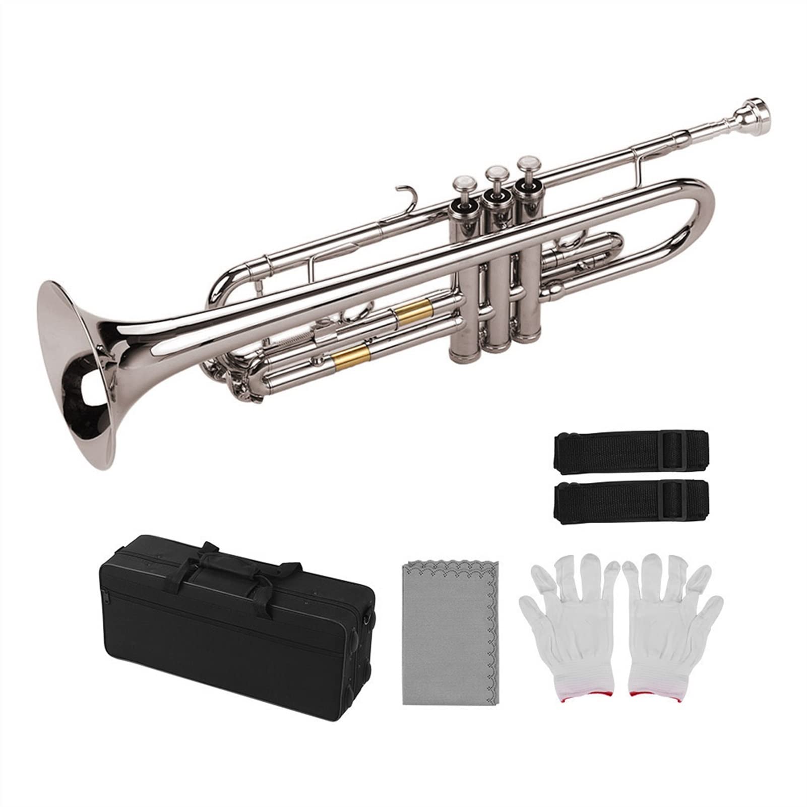 ZENGXUE Standard BB Trompeten Messing Material Nickelüberbeineres Windinstrument Mit Mundstück Tragetasche Handschuhe Reinigungstuch Standard-Trompetenset