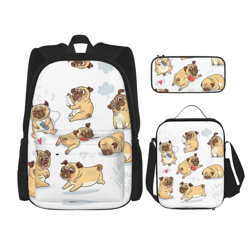 WURTON Rucksack mit lustigem Hunde-Druck, 3-in-1, Büchertasche, Set mit Lunchbox, Federmäppchen, Reise, Laptop, Tagesrucksack