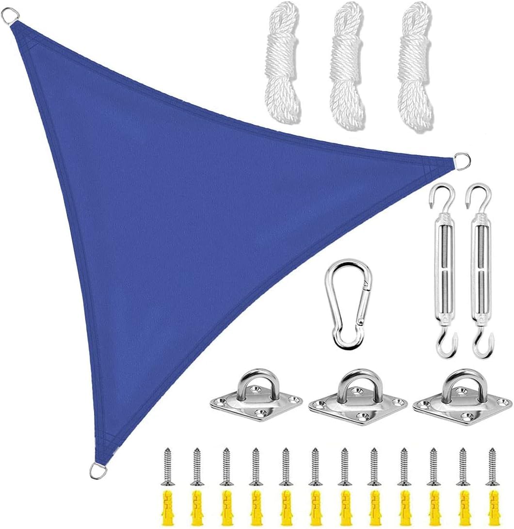 Sonnensegel, dreieckig, Sonnenschutz, 95% UV-Block, Baldachin, Schattentuch, wasserdicht, für Rasen, Garten, Outdoor-Aktivitäten, Terrasse, Hinterhof, Rasen mit Hardware-Kit, blau, 5 x 5 x