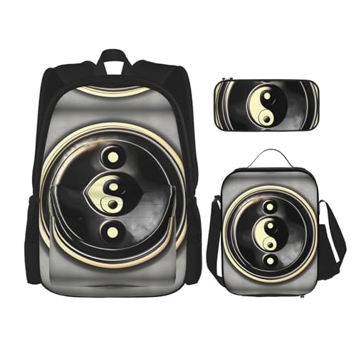 WURTON Yin Yang Muster Druck Reise Lunchbox Federmäppchen Rucksack Set 3 Stück Verstellbare Träger Leicht, Schwarz, Einheitsgröße, Schwarz , Einheitsgröße