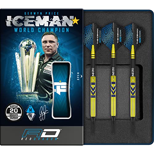 RED DRAGON Gerwyn Iceman Price Avalanche Pro Gold 18 Gramm Softip Premium Tungsten Darts Set mit Flights und Stielen