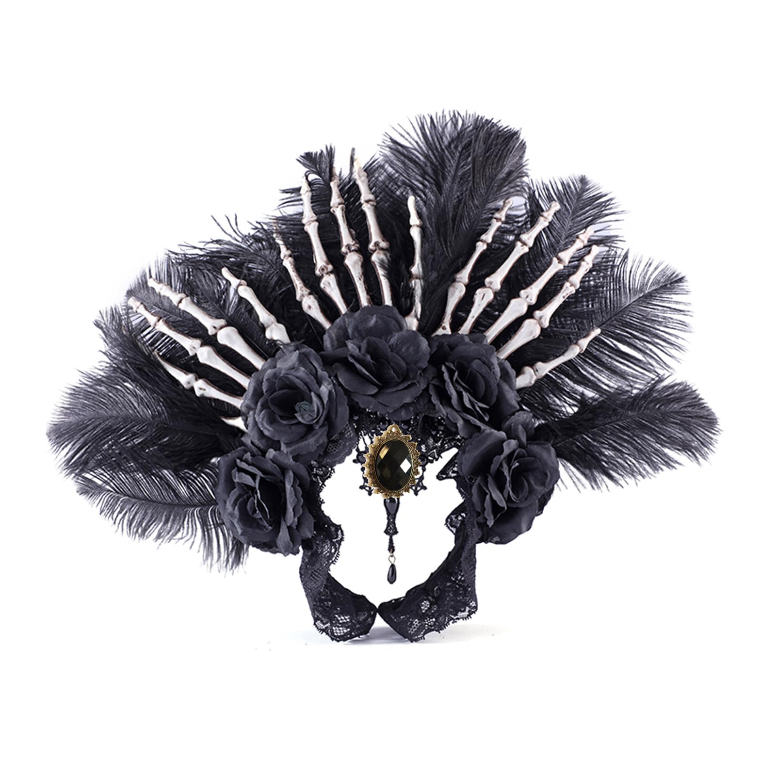 Oadnijuie Elegante Stirnbänder mit Kunstblumen, Federn, Haarreifen mit Handschädel für Damen, Halloween-Partyzubehör, Cosplay-Stirnbänder für Damen, Cosplay, Stirnband, schwarz, Halloween, Cosplay mit