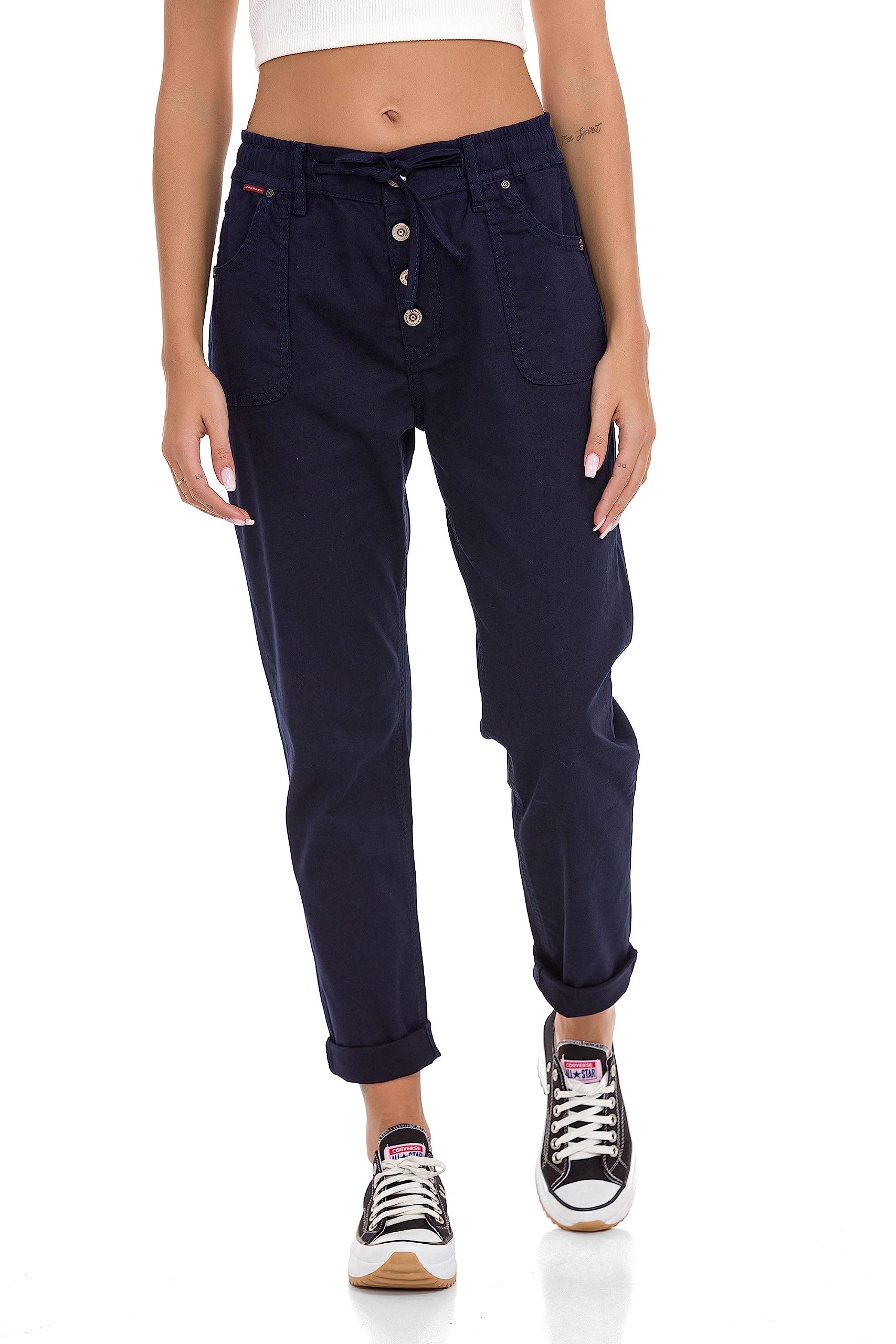 Cipo & Baxx Damen Chino-Hose, Lässige Passform Freizeit Hose, Knöpfen Versehen Design, 97% Baumwolle Hose für Frauen, Casual Klamotten für Teenager Mädchen, WD508, NAVYBLUE, W32 L32